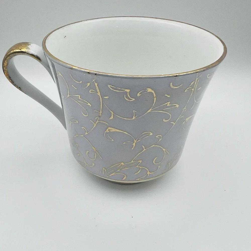 Norleans Teacup Saucer Set Lavender Gold Scroll Porcelain Japan Vintage Tea Cup